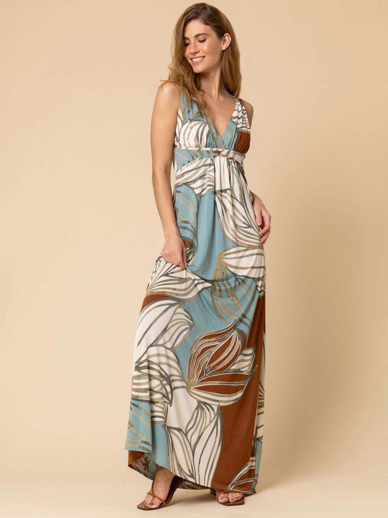 undefined Abstract Leaf Print V Neck Maxi Dress