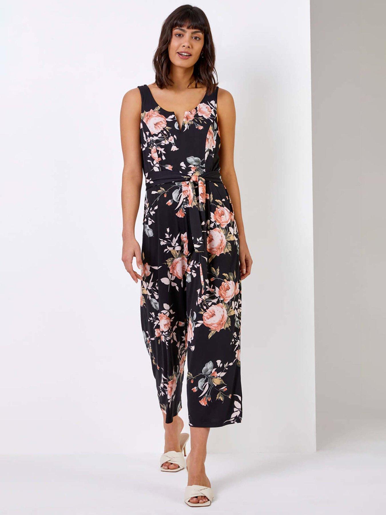 Image 1 of 4 of Roman Floral Print Cropped Leg Jumpsuit