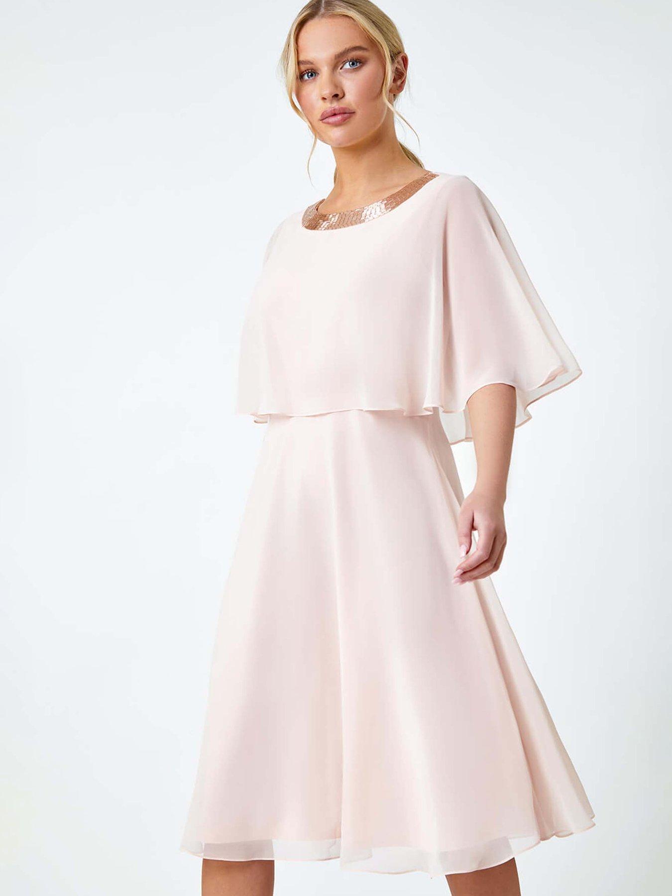  image of roman-petite-sequin-trim-chiffon-cape-dress