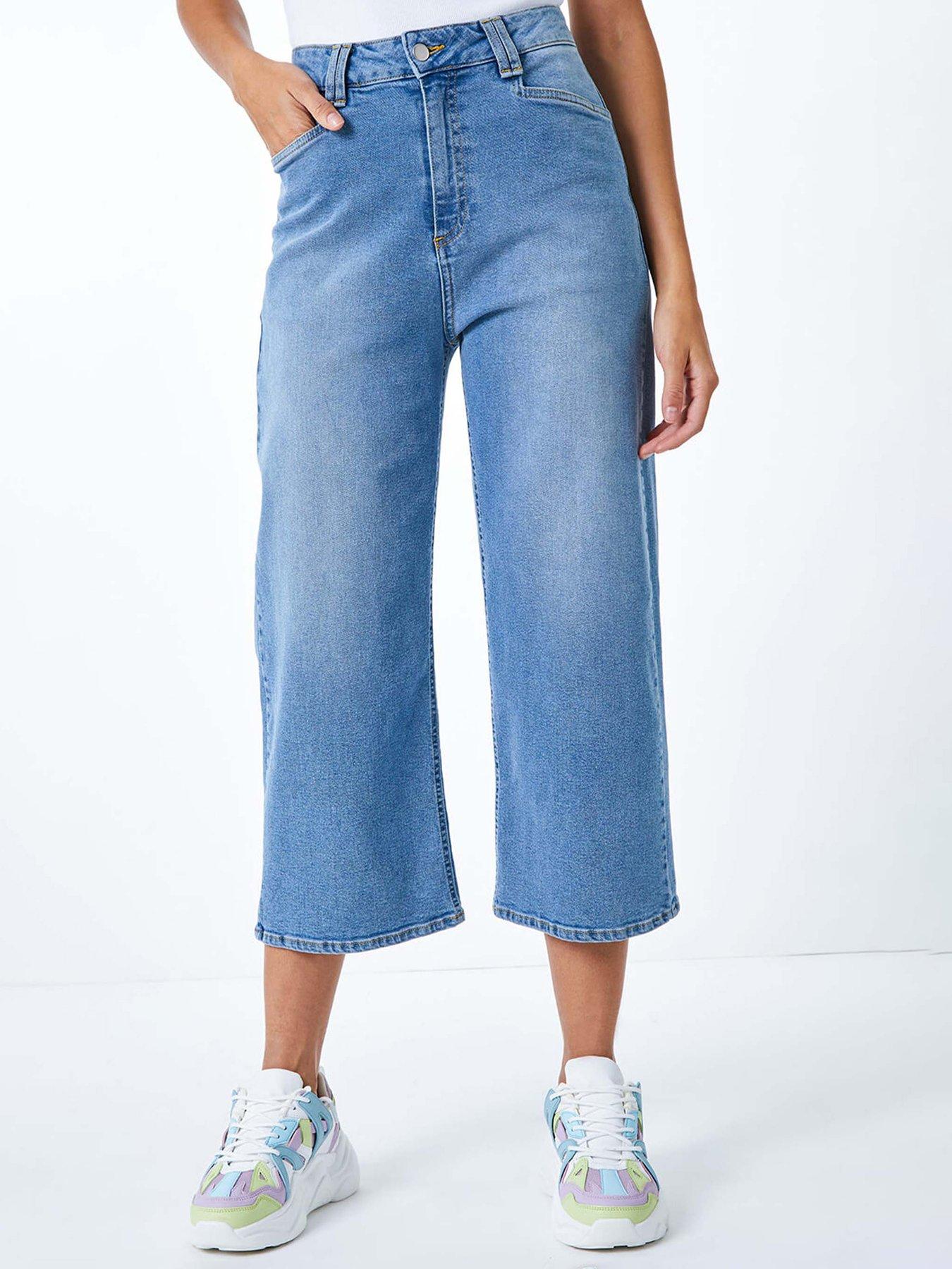 undefined Denim Stretch Wide Leg Cropped Culottes