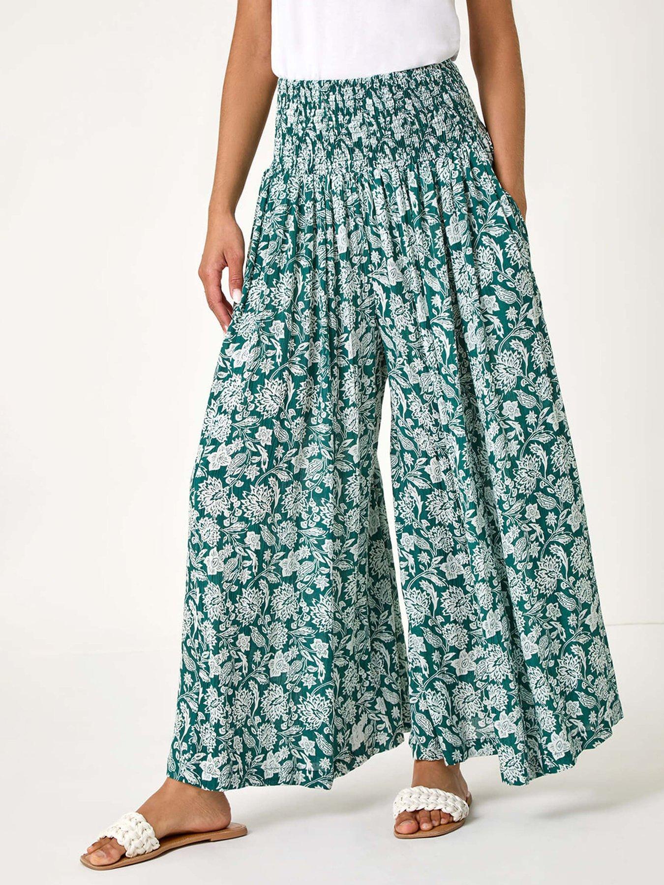 undefined Floral Leaf Shirred Palazzo Stretch Trouser