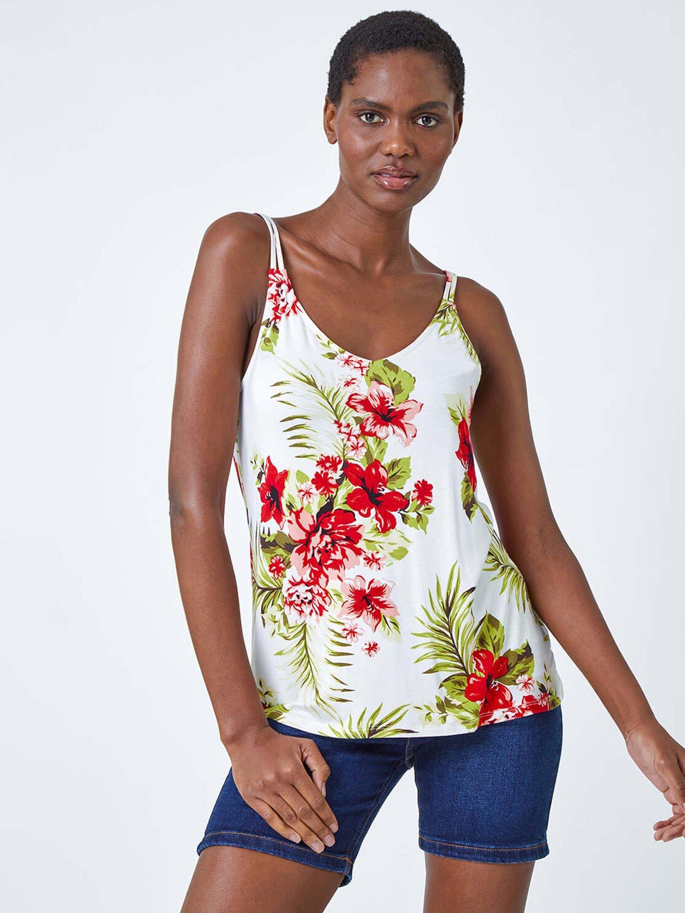 front image of roman-tropical-print-v-neck-strap-detail-cami-top