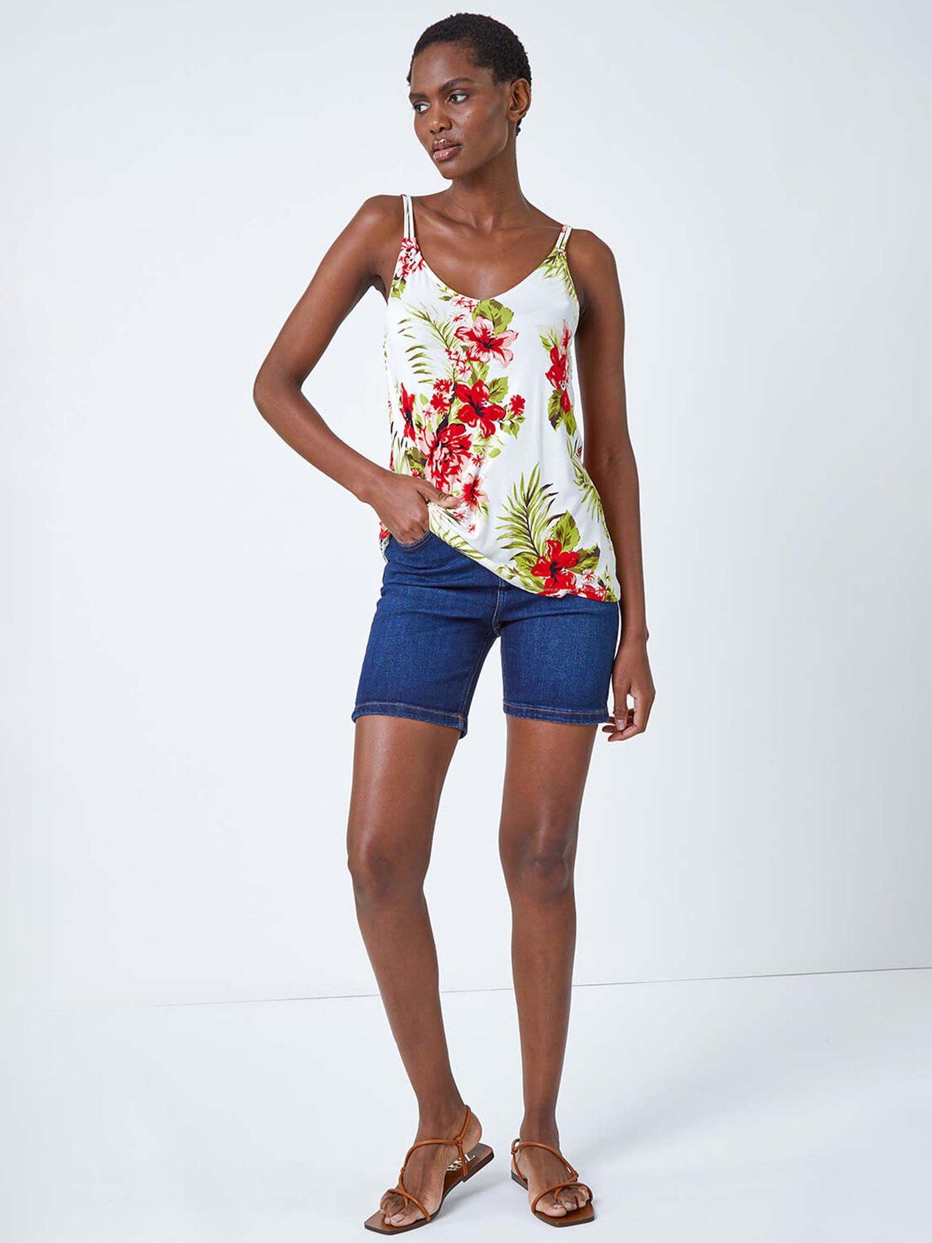  image of roman-tropical-print-v-neck-strap-detail-cami-top