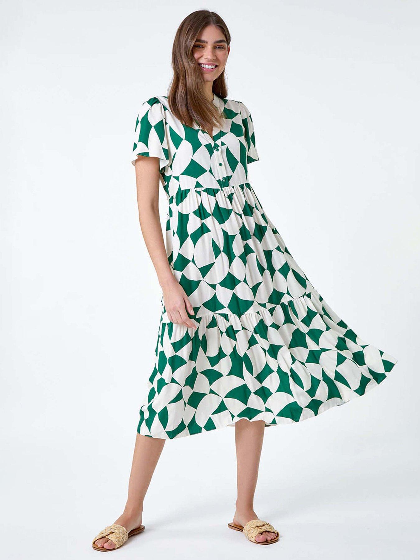 front image of roman-geometric-print-tiered-midi-dress