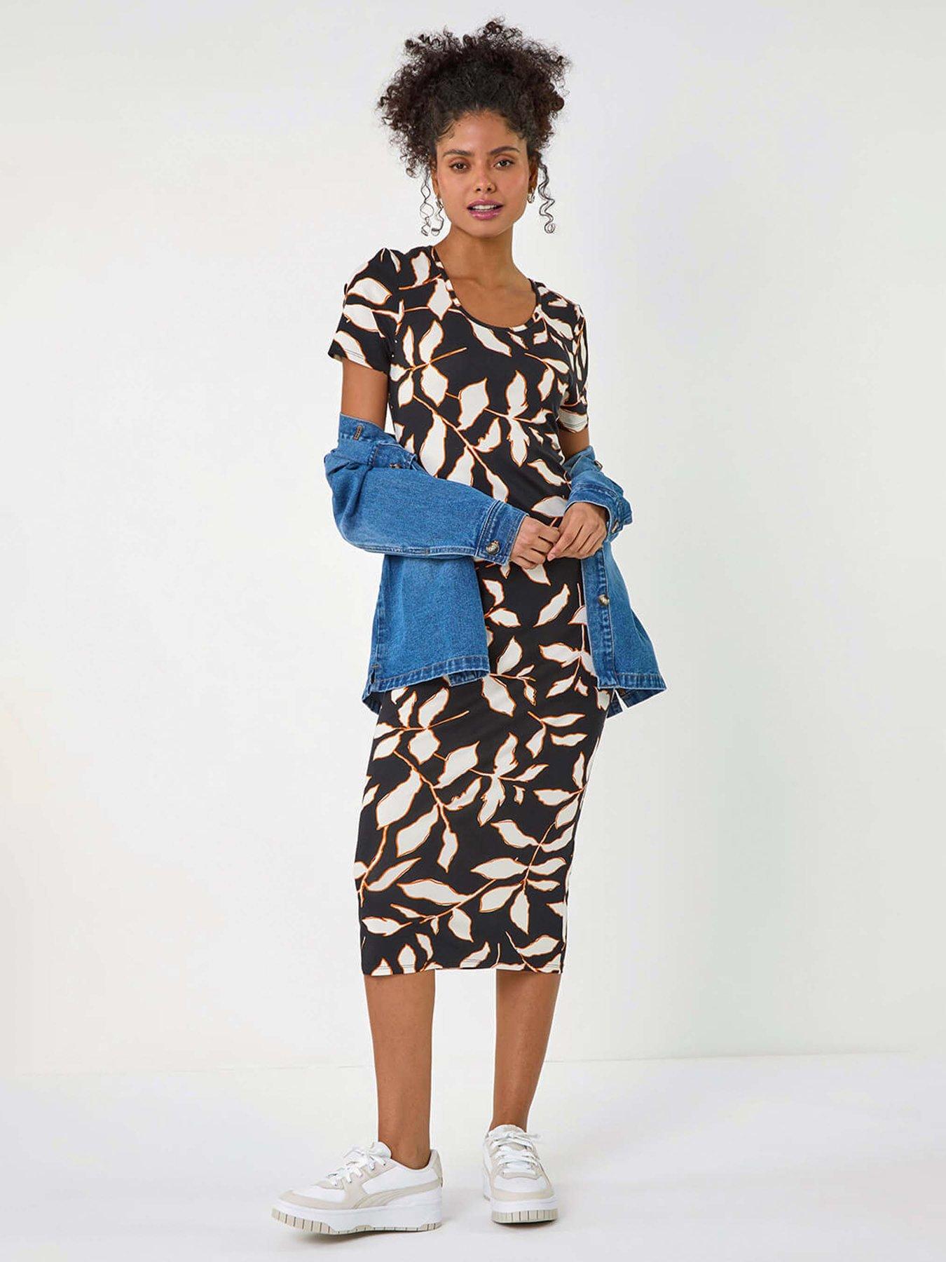 undefined Leaf Print Midi Stretch Dress
