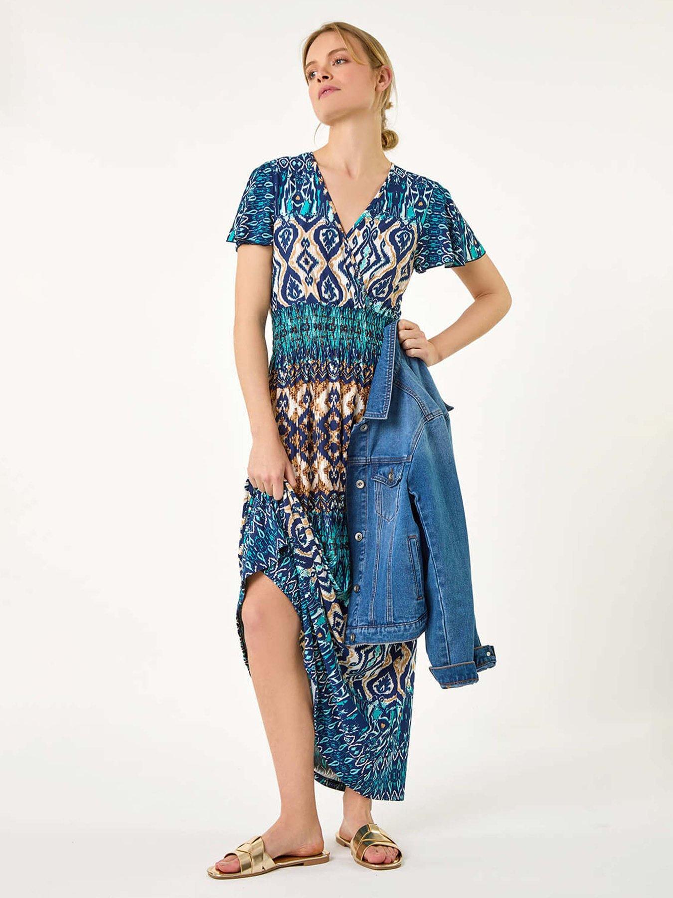 roman-aztec-print-shirred-stretch-maxi-dress