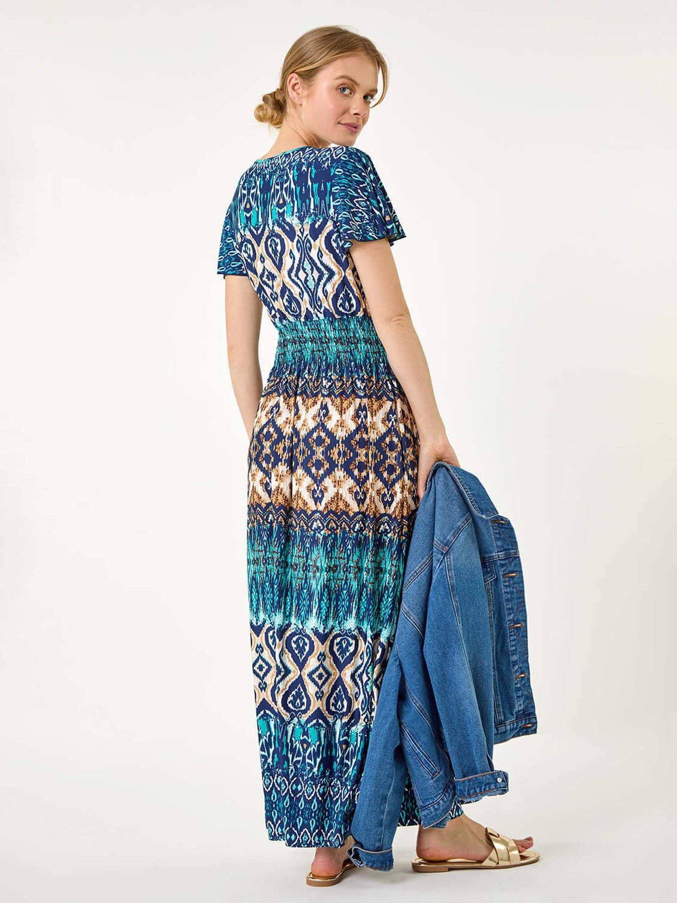  image of roman-aztec-print-shirred-stretch-maxi-dress