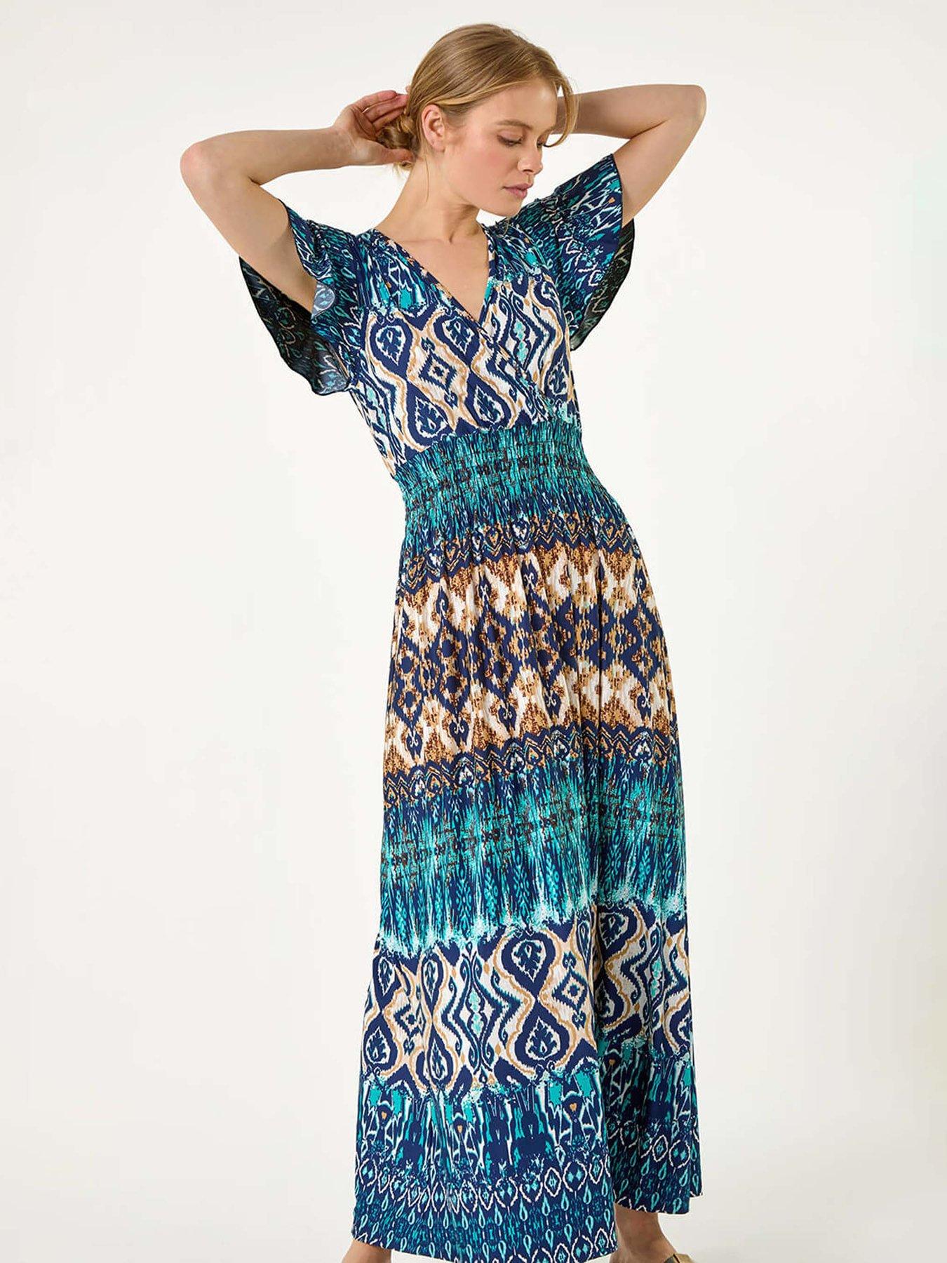  image of roman-aztec-print-shirred-stretch-maxi-dress