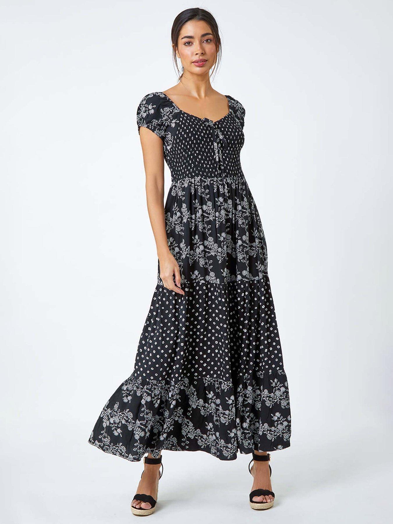 undefined Abstract Tie Detail Tiered Maxi Dress - Black