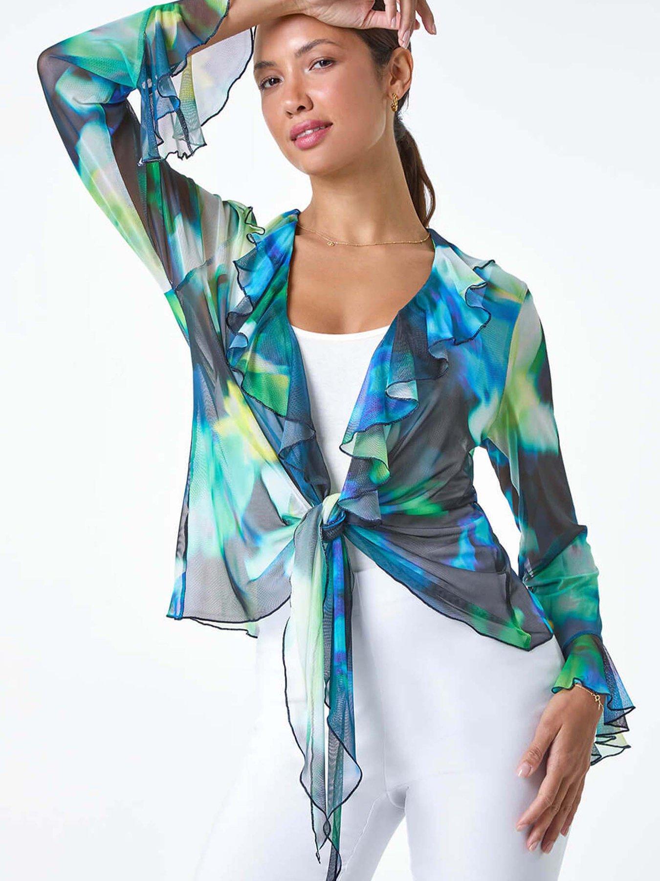 undefined Tie Frill Detail V-neck Stretch Mesh Top