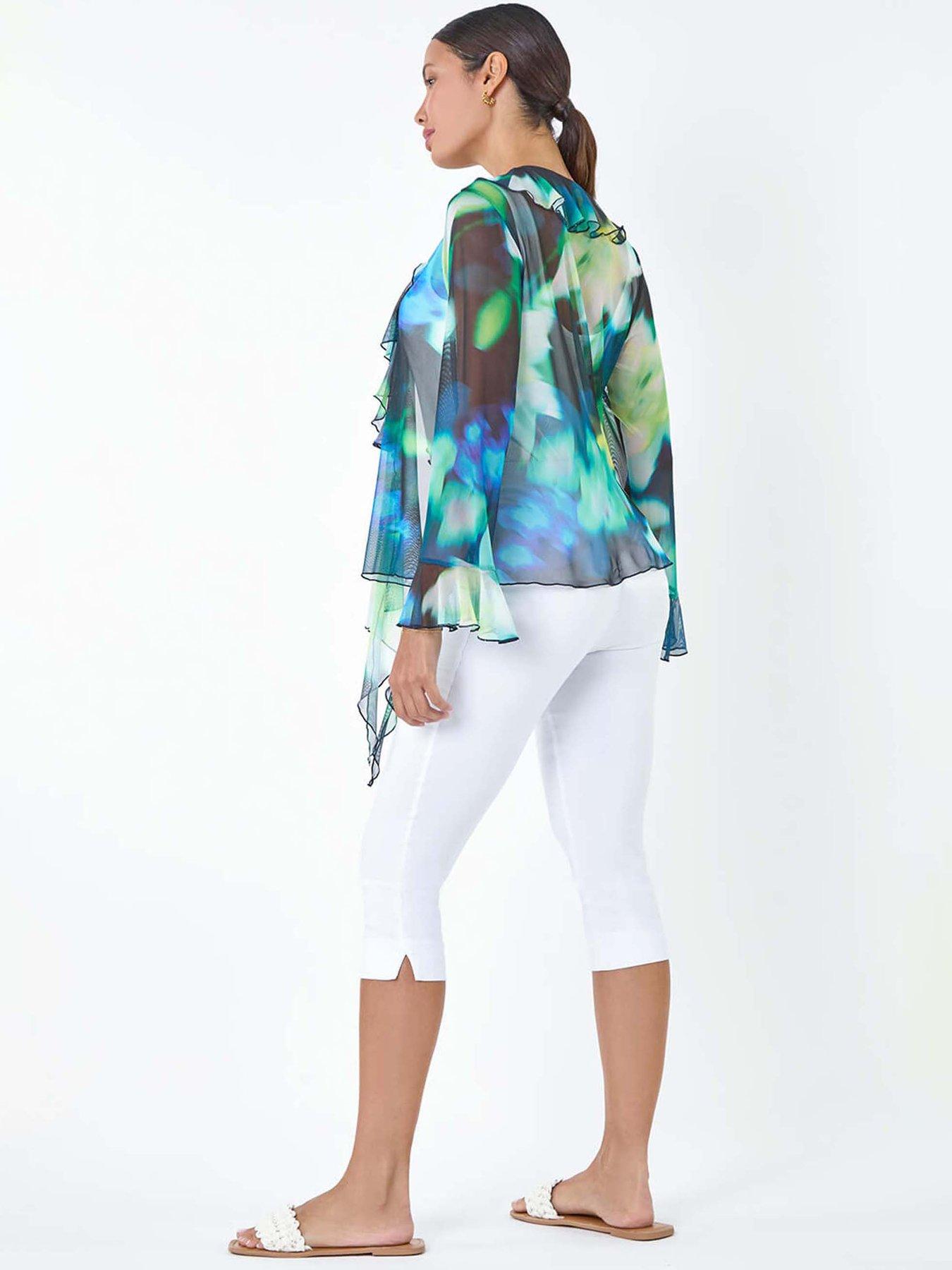 Image 2 of 5 of Roman Tie Frill Detail V-neck Stretch Mesh Top - Multi