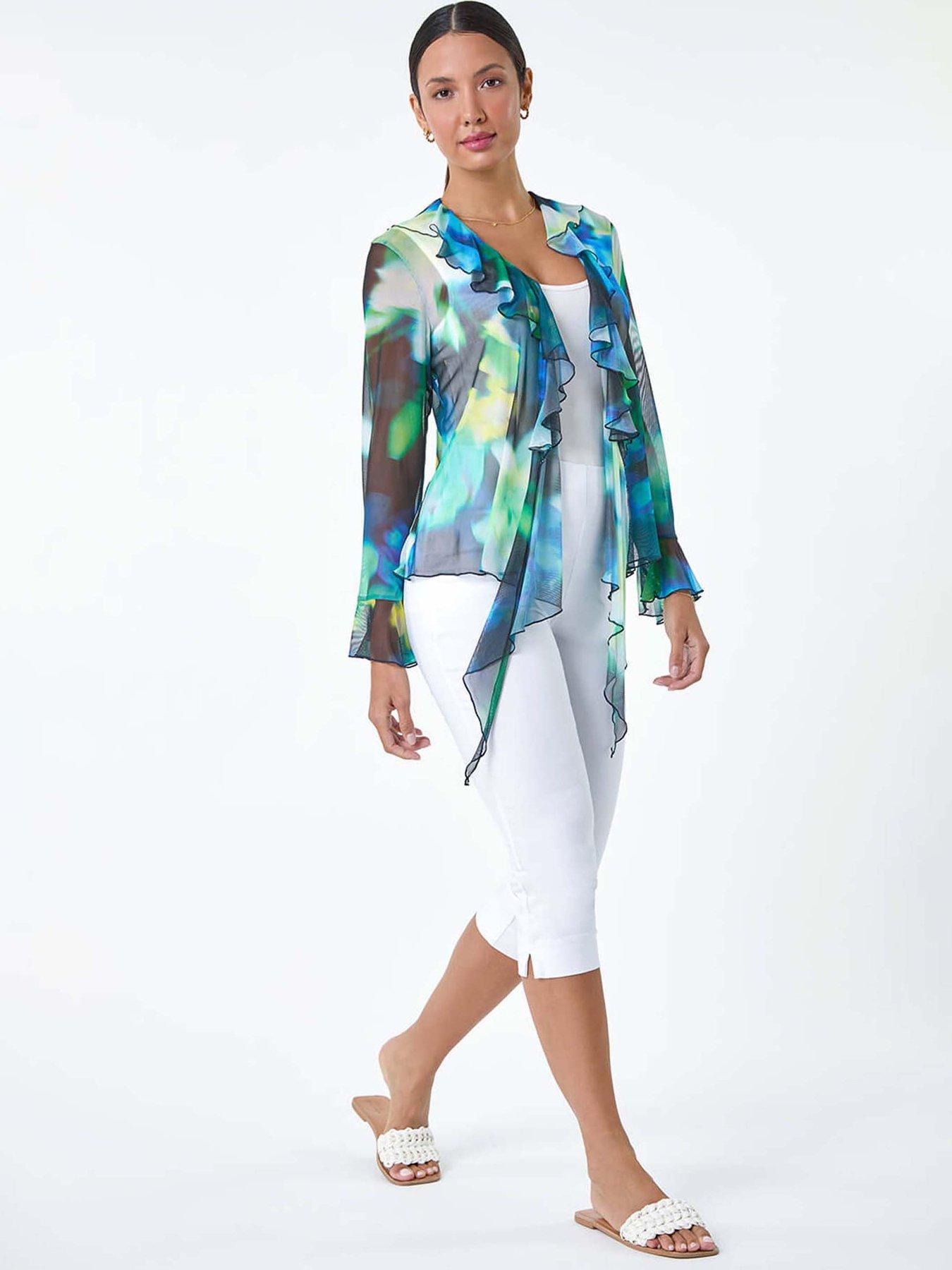 Image 3 of 5 of Roman Tie Frill Detail V-neck Stretch Mesh Top - Multi