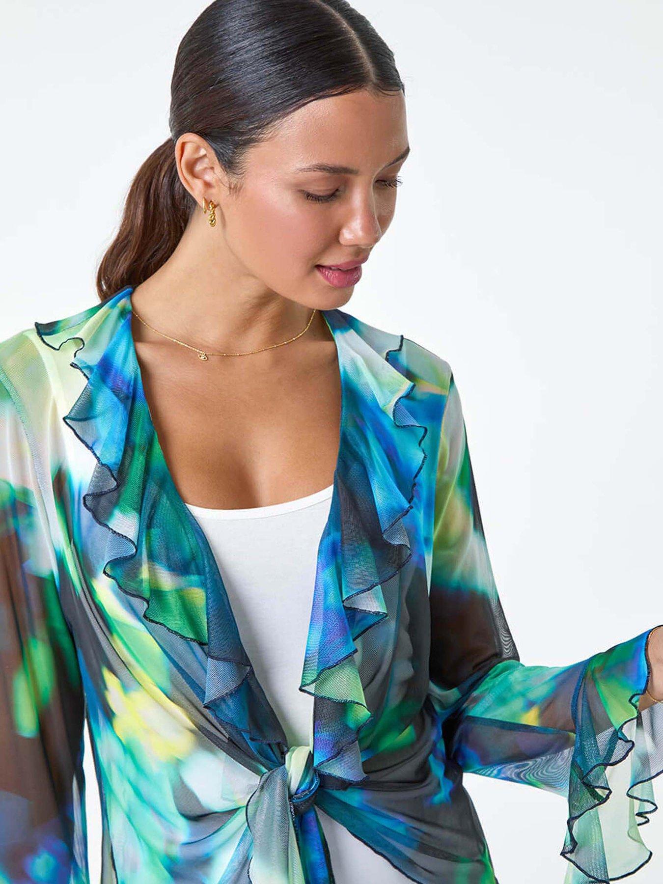 Image 4 of 5 of Roman Tie Frill Detail V-neck Stretch Mesh Top - Multi