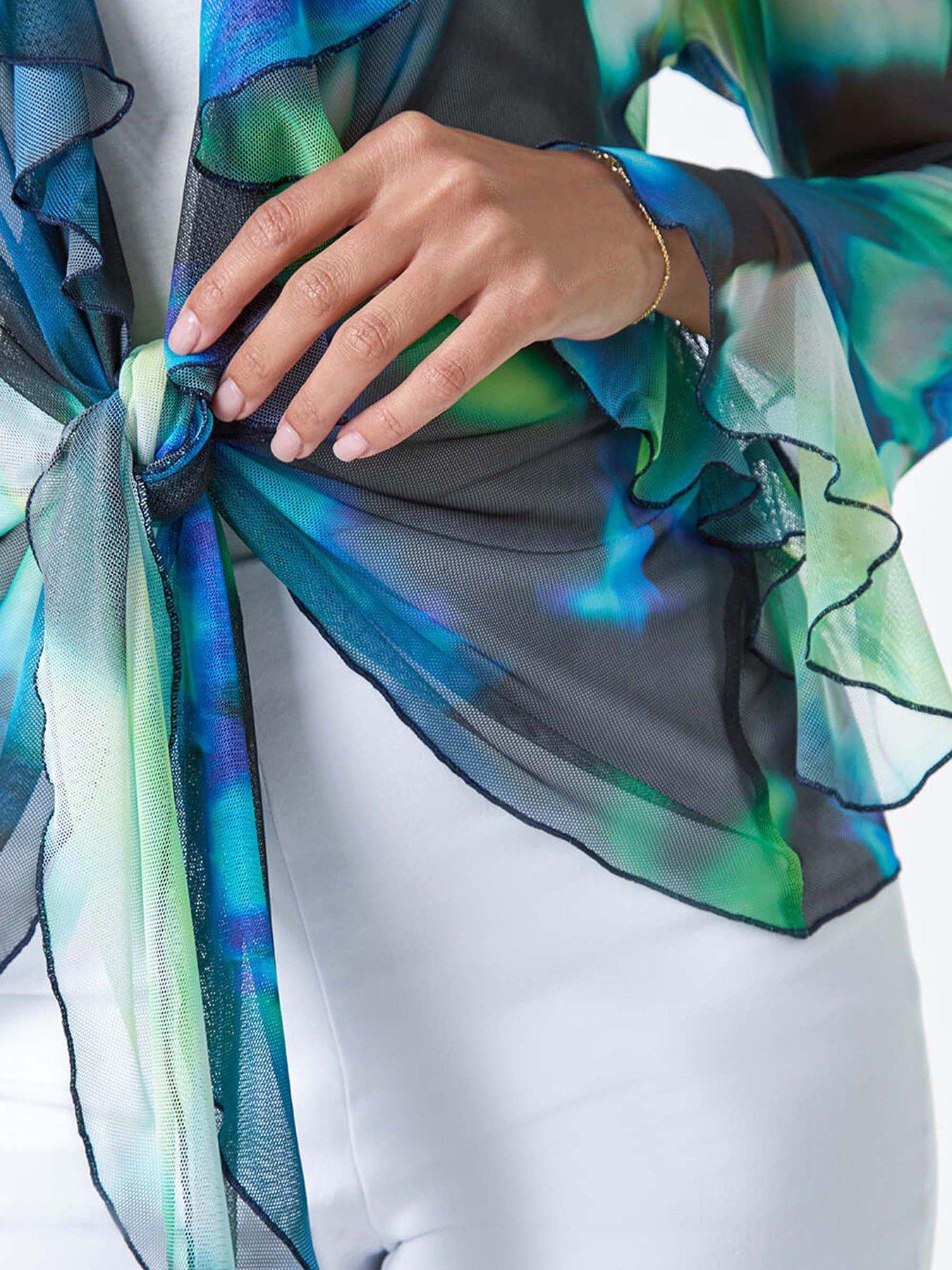 Image 5 of 5 of Roman Tie Frill Detail V-neck Stretch Mesh Top - Multi