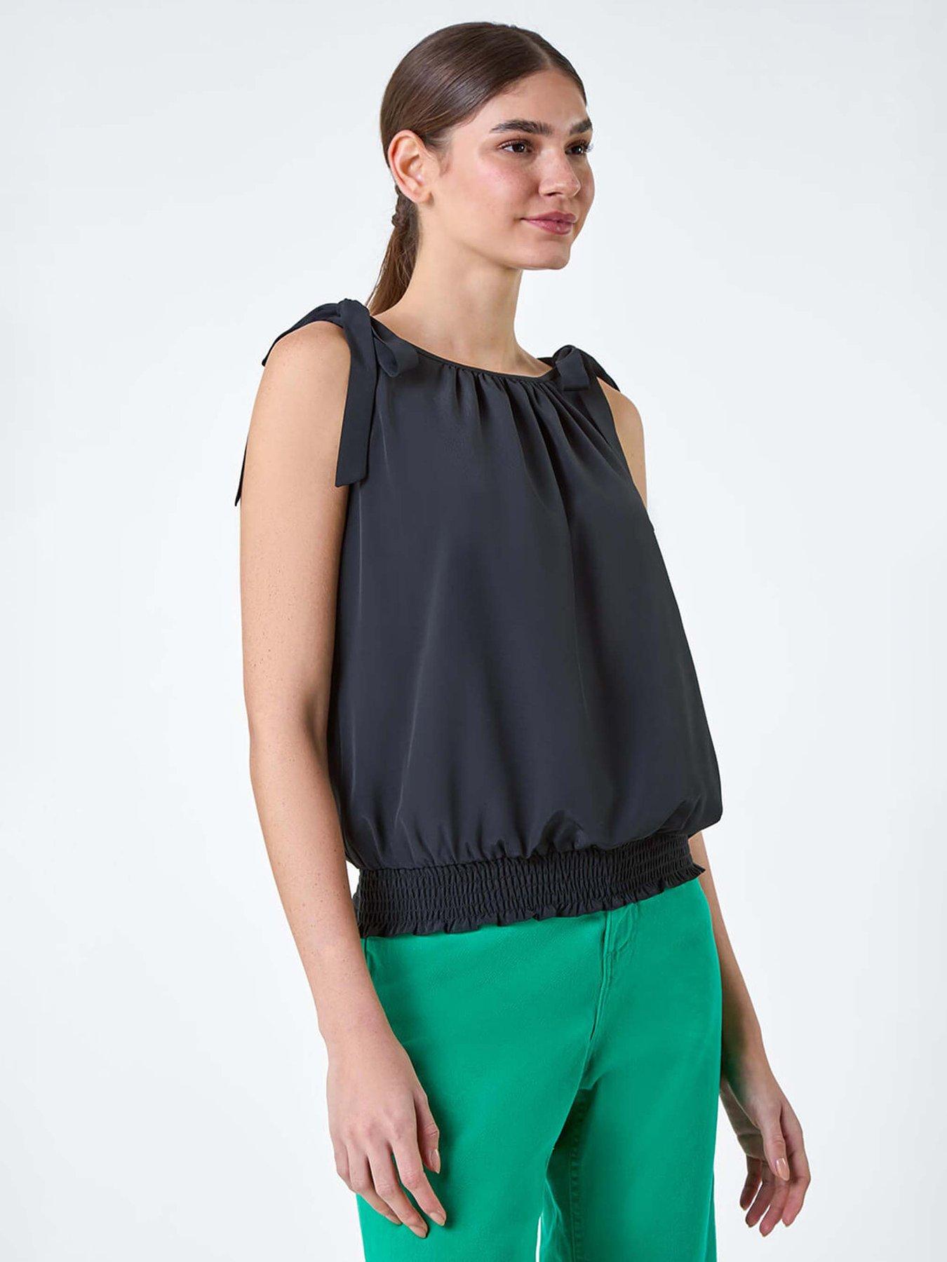 undefined Bow Detail Shirred Hem Top - Black