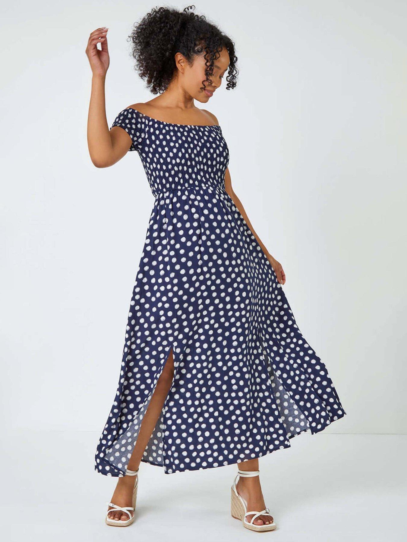 undefined Petite Polka Dot Bardot Maxi Dress - Navy