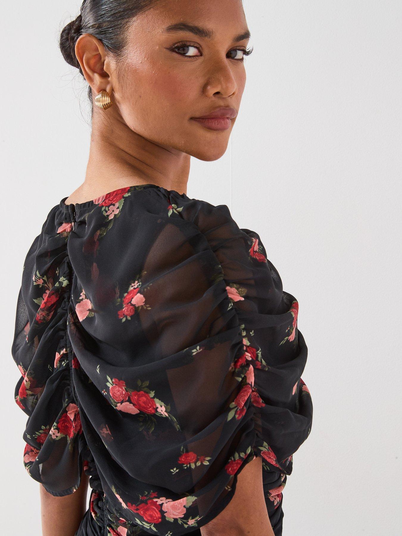 Image 4 of 6 of V by Very Ruched Floral Printed Mini Dress - Print