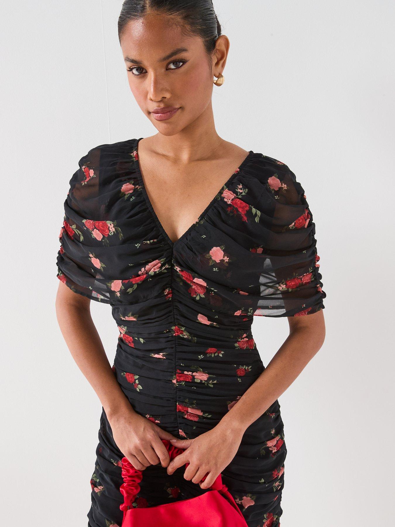 Image 5 of 6 of V by Very Ruched Floral Printed Mini Dress - Print