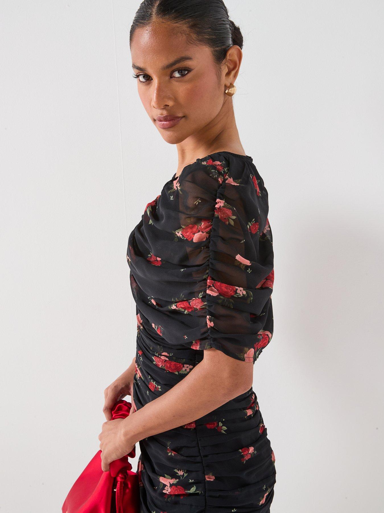 Image 6 of 6 of V by Very Ruched Floral Printed Mini Dress - Print