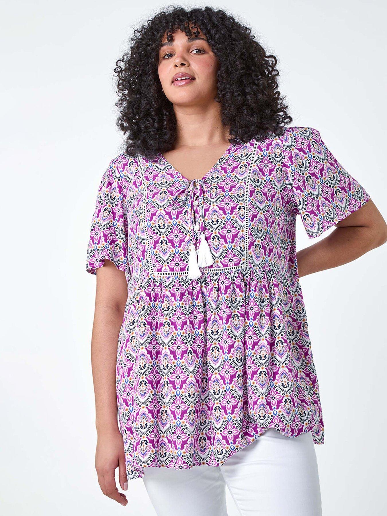 undefined Curve Tie Front V-neck Boho Printed Top