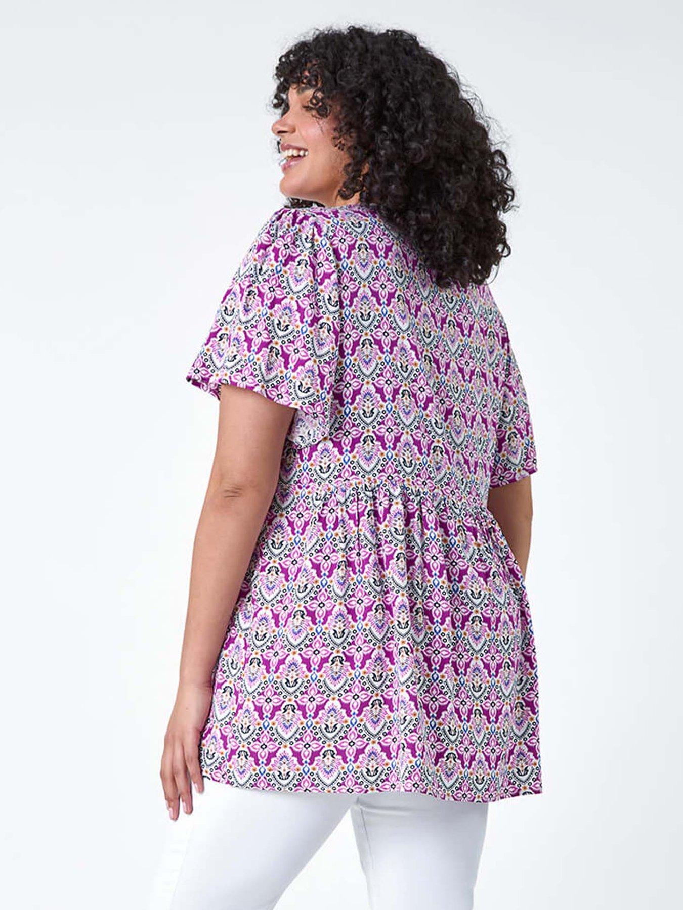 Image 2 of 5 of Roman Curve Tie Front V-neck Boho Printed Top - Purple