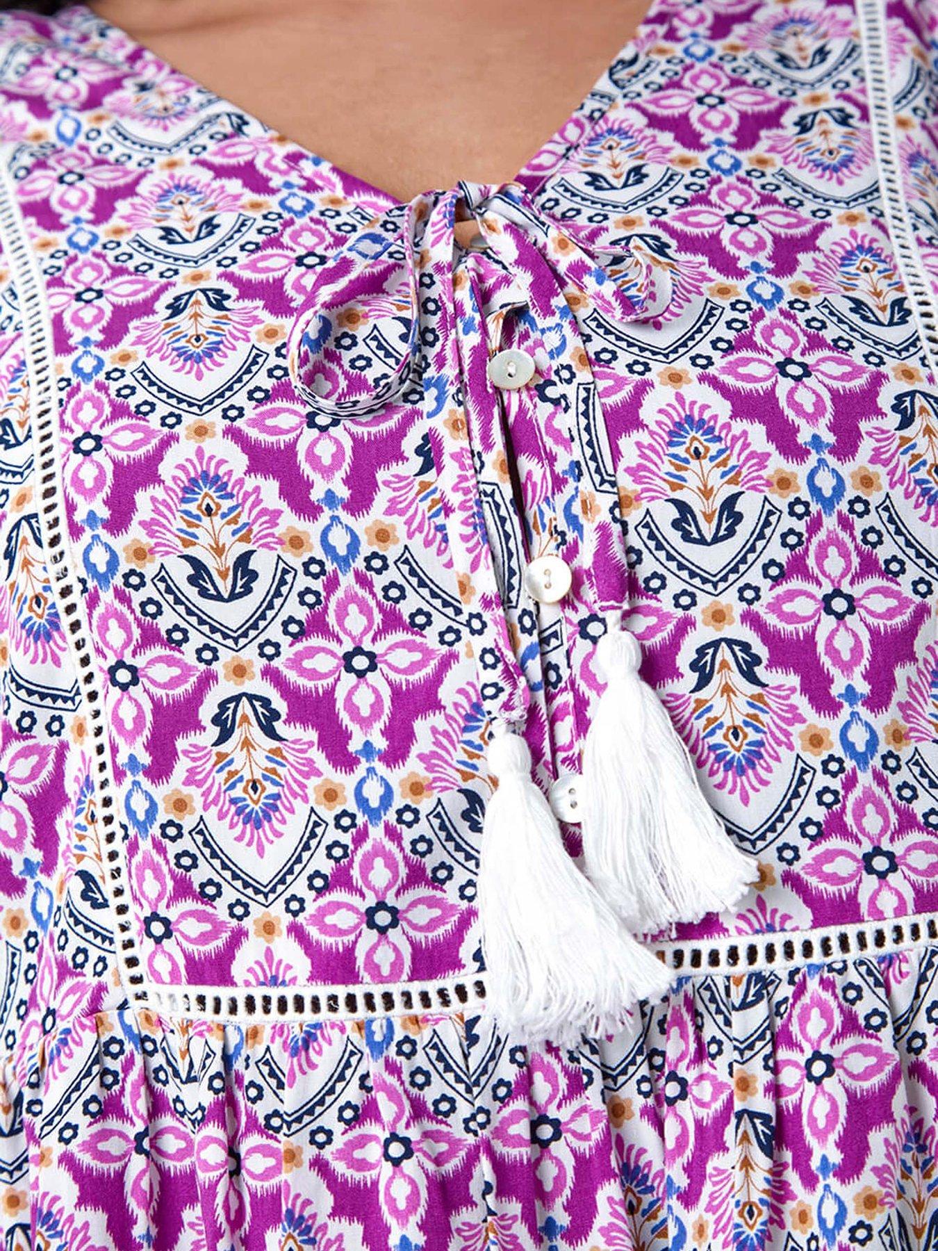 Image 5 of 5 of Roman Curve Tie Front V-neck Boho Printed Top - Purple