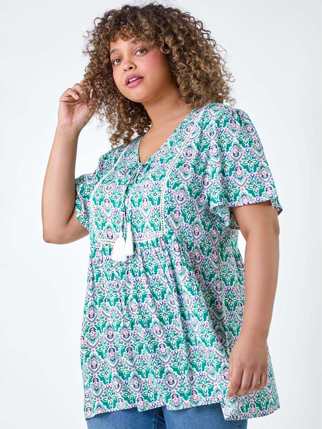 undefined Curve Tie Front V-neck Boho Printed Top
