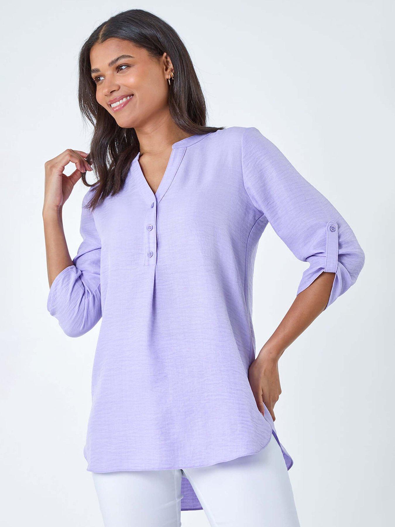  image of roman-longline-button-v-neck-tunic-top-purple
