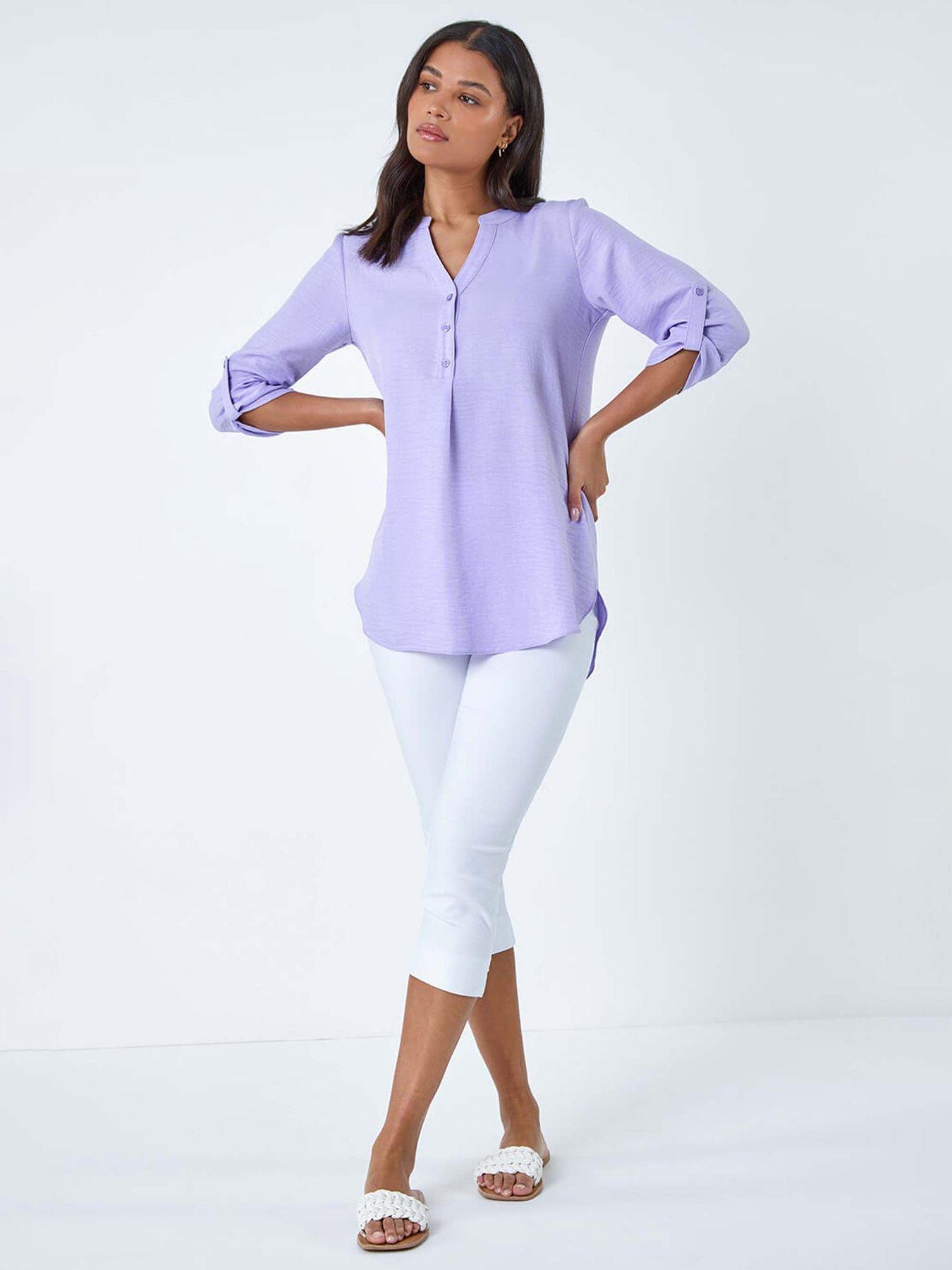  image of roman-longline-button-v-neck-tunic-top-purple