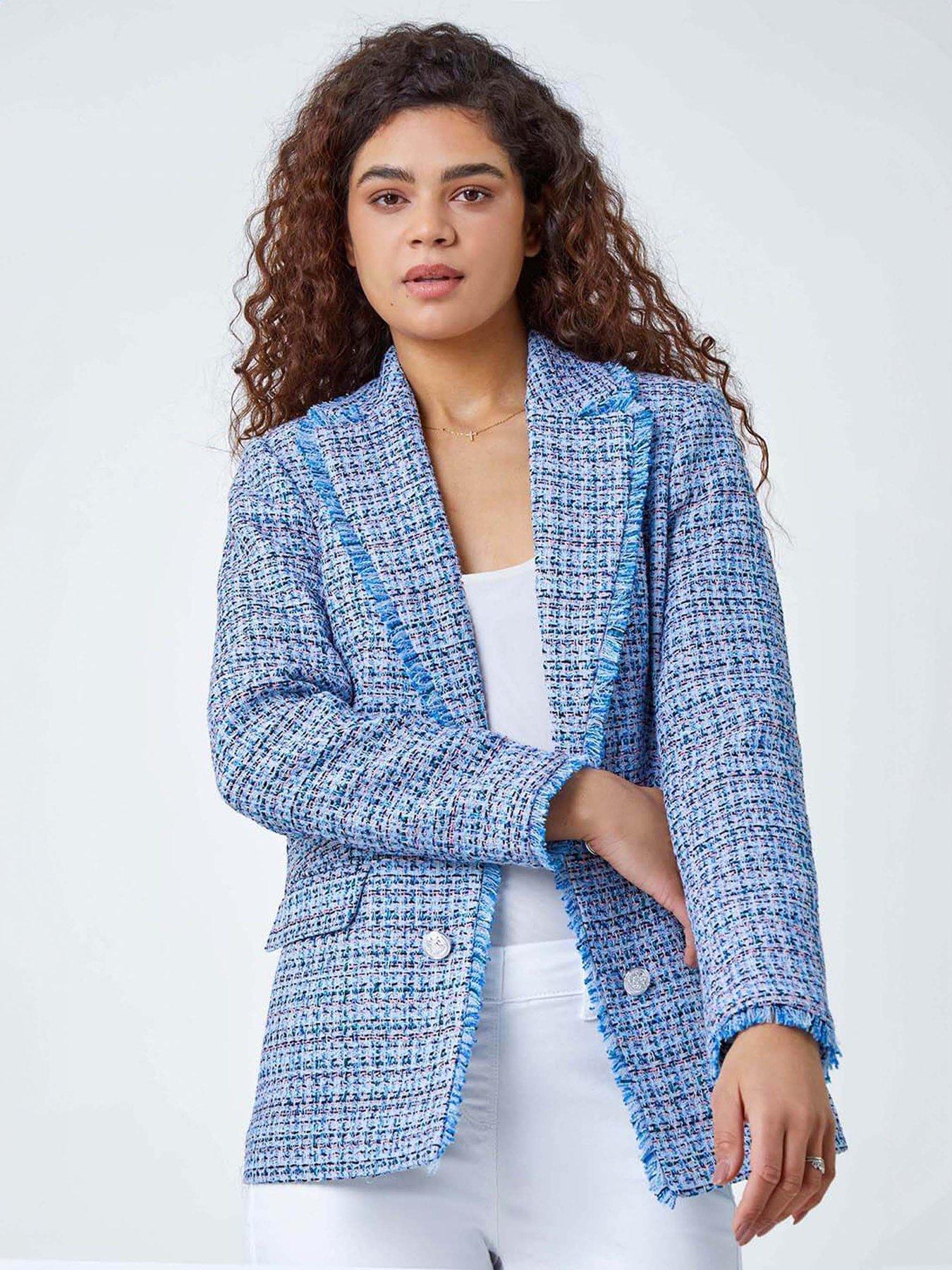 undefined Frayed Edge Boucle Check Jacket - Blue