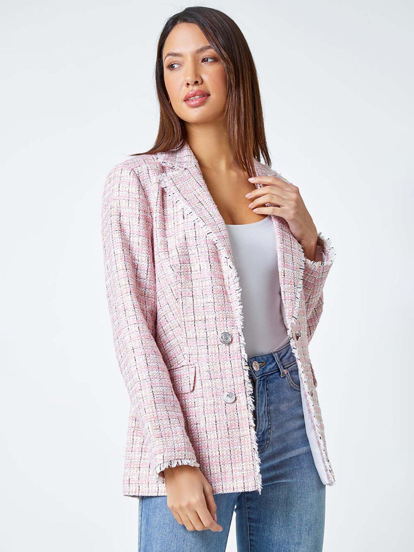 undefined Frayed Edge Boucle Check Jacket - Pink