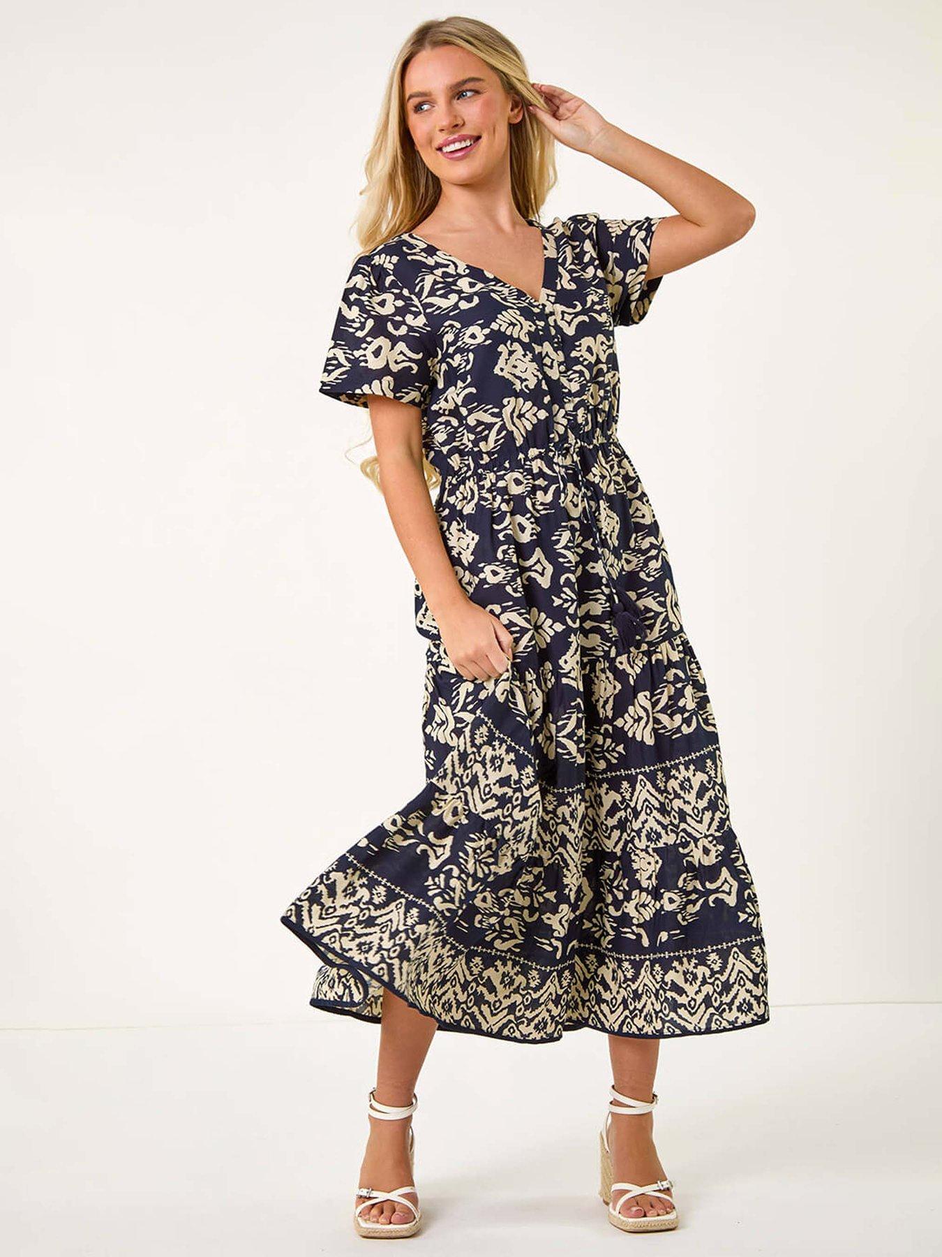 Image 1 of 5 of Roman Petite Aztec Print Stretch Midi Dress