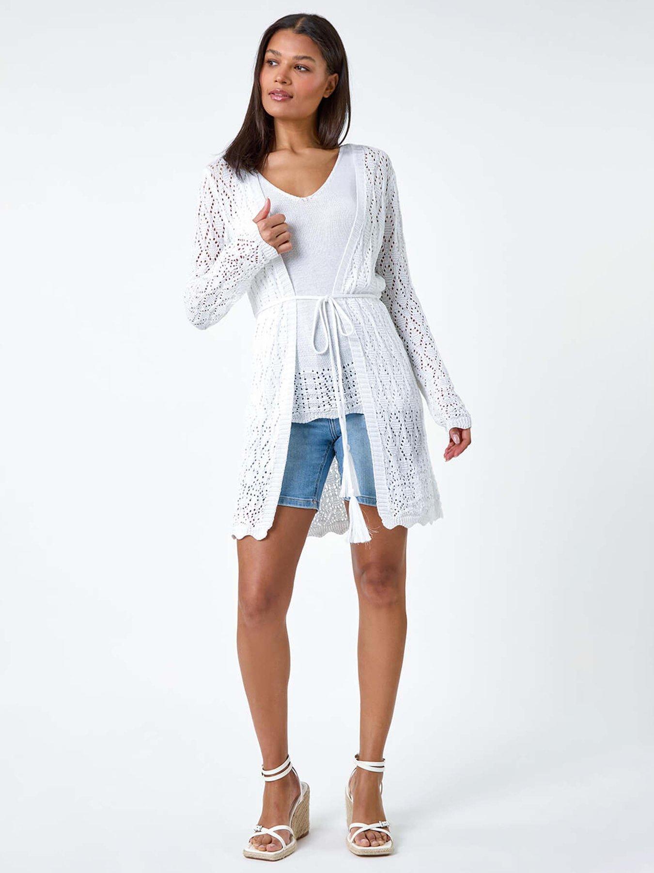 Image 3 of 5 of Roman Pointelle Knit Longline Tie Detail Cardigan - White
