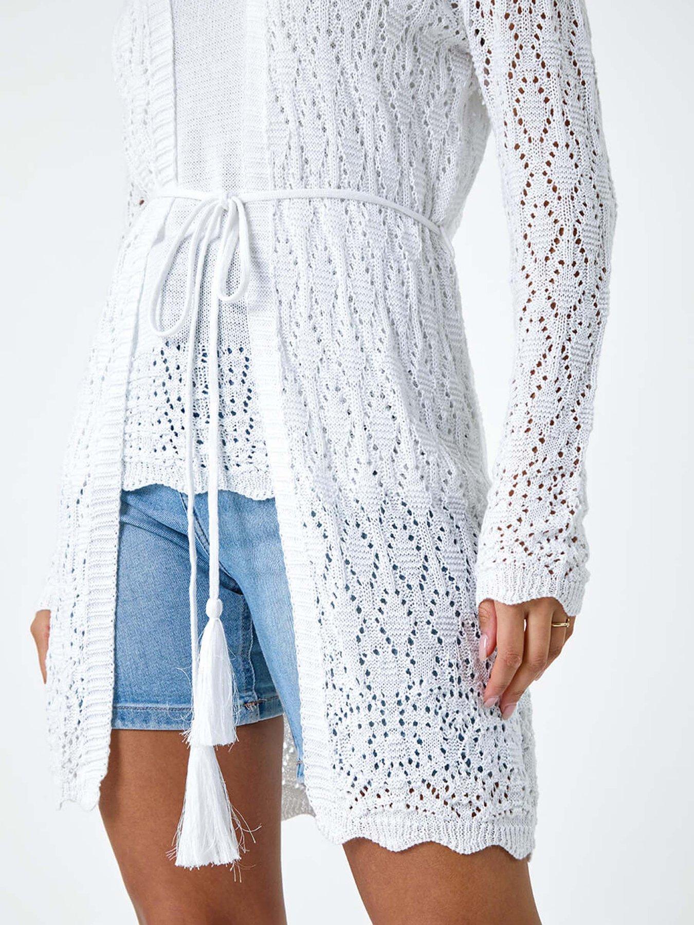 Image 5 of 5 of Roman Pointelle Knit Longline Tie Detail Cardigan - White