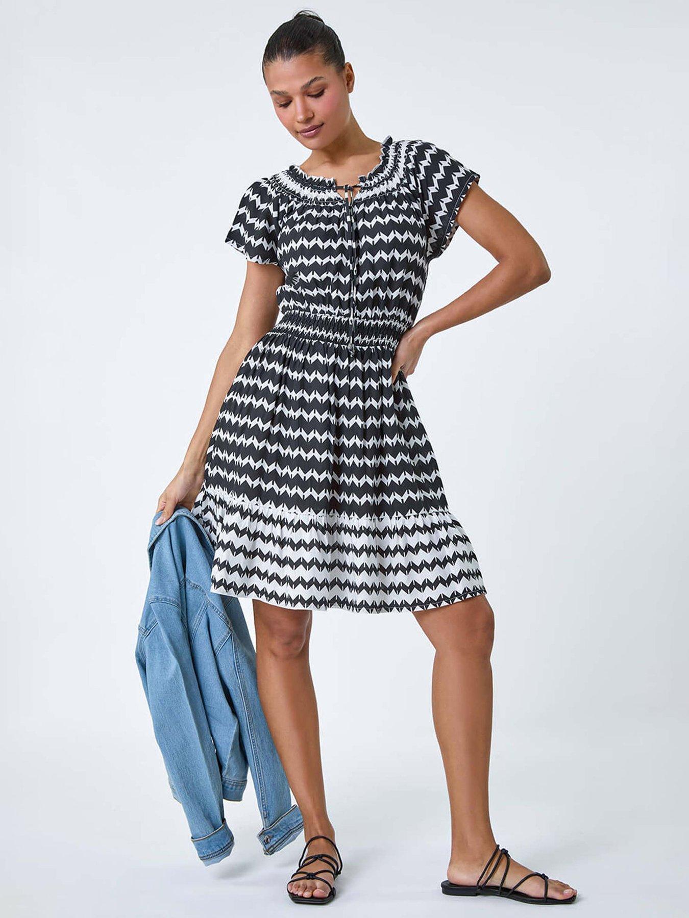 undefined Zig Zag Border Print Shirred Dress