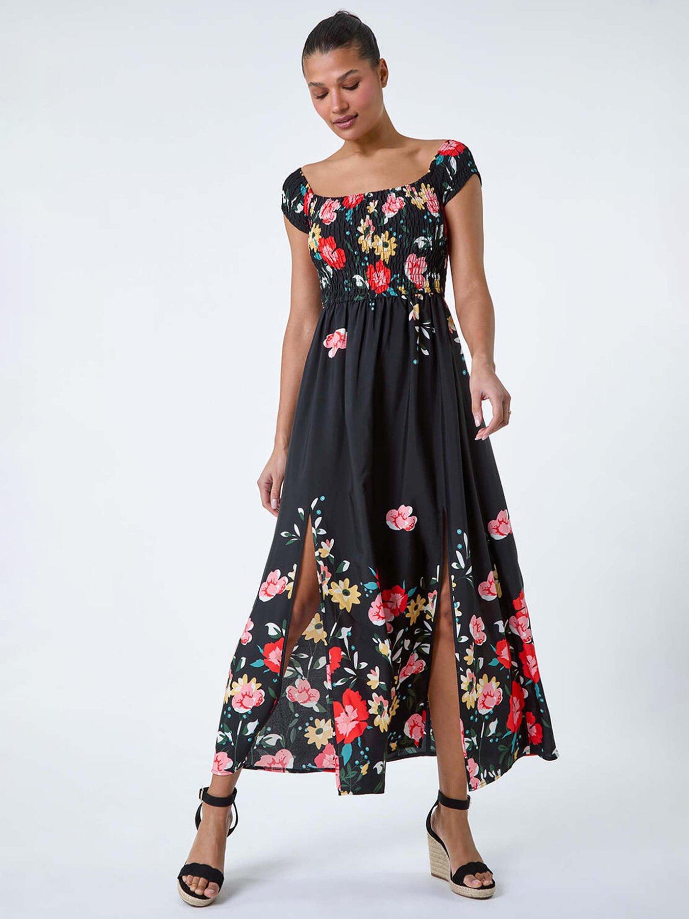 undefined Floral Shirred Bardot Maxi Dress