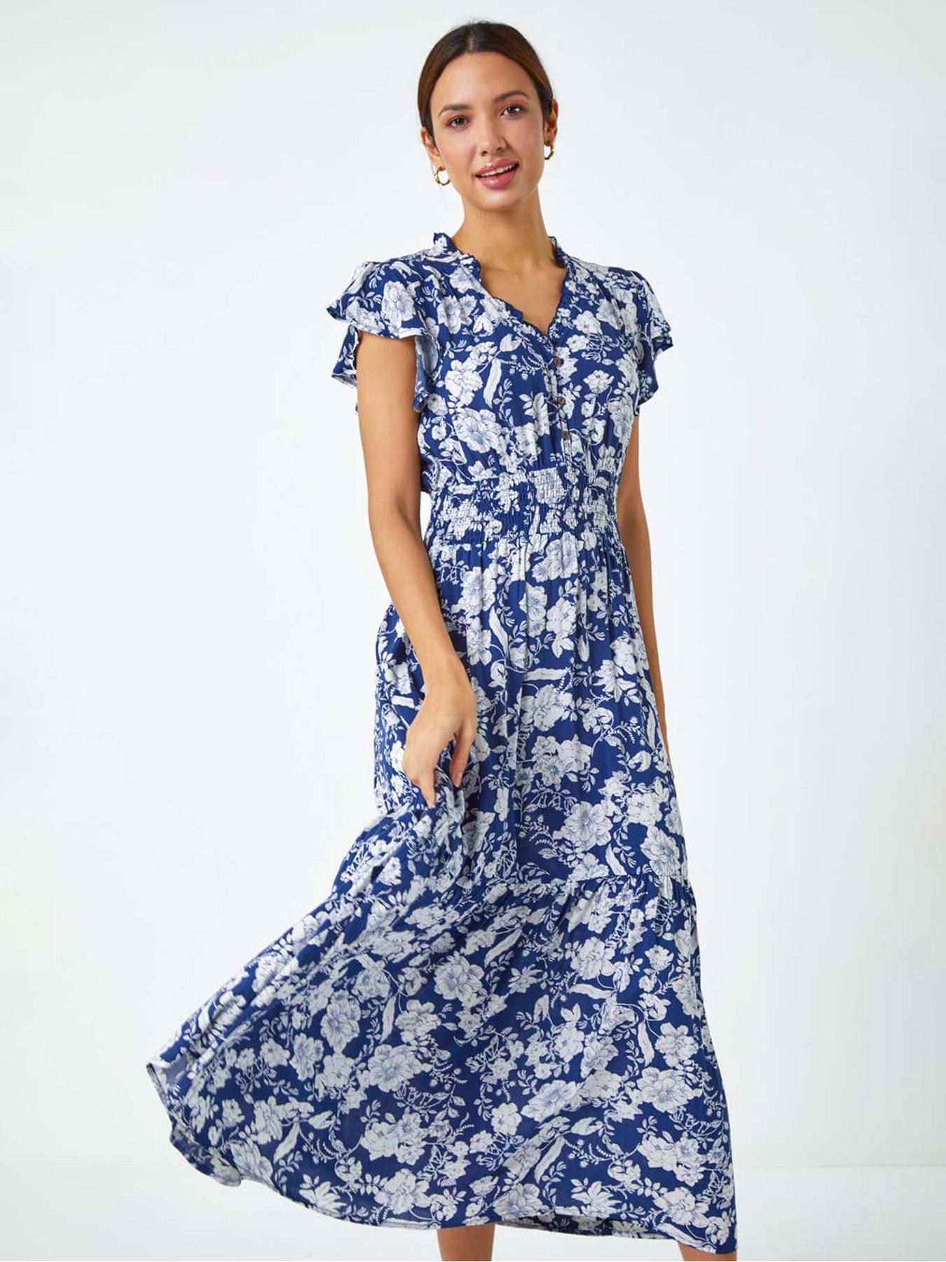  image of roman-floral-print-frill-detail-midi-dress