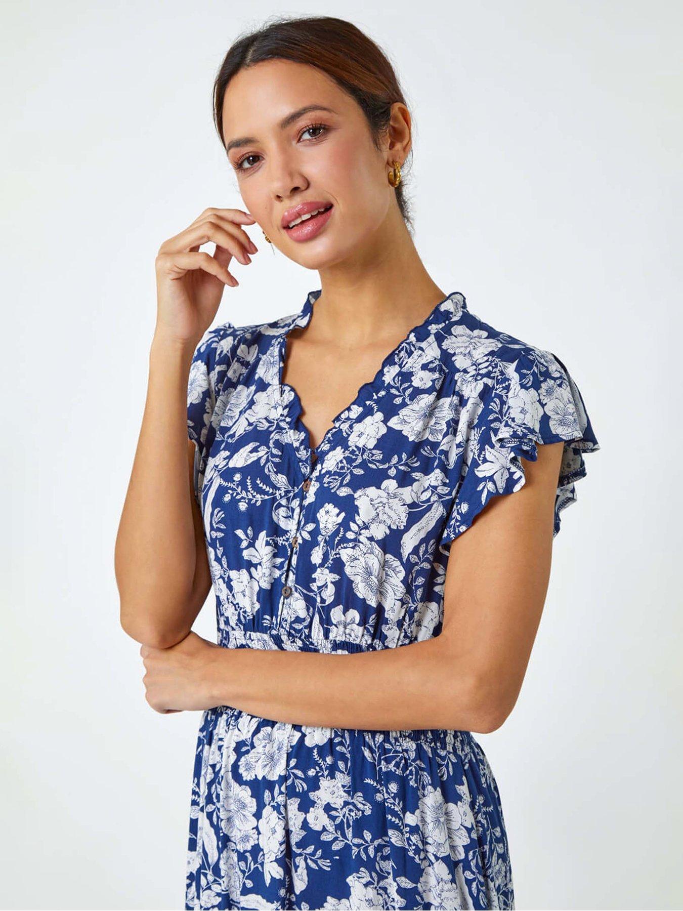  image of roman-floral-print-frill-detail-midi-dress
