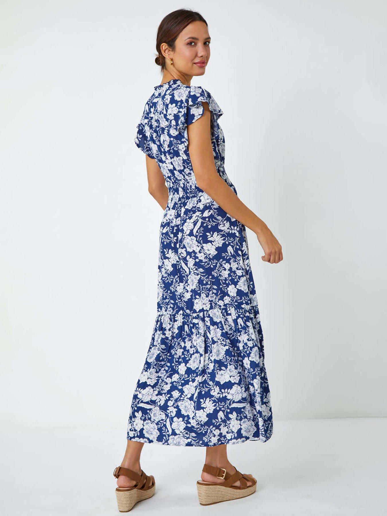  image of roman-floral-print-frill-detail-midi-dress
