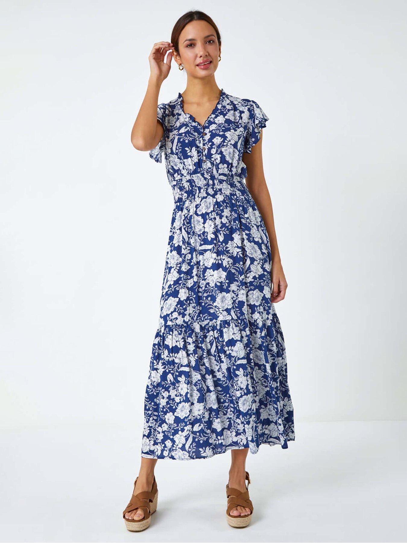  image of roman-floral-print-frill-detail-midi-dress