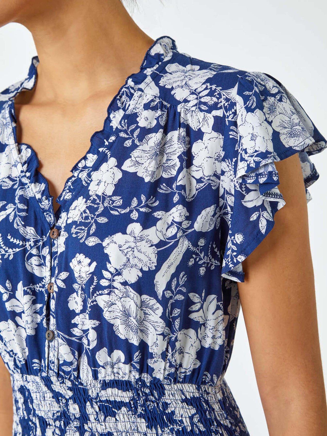  image of roman-floral-print-frill-detail-midi-dress