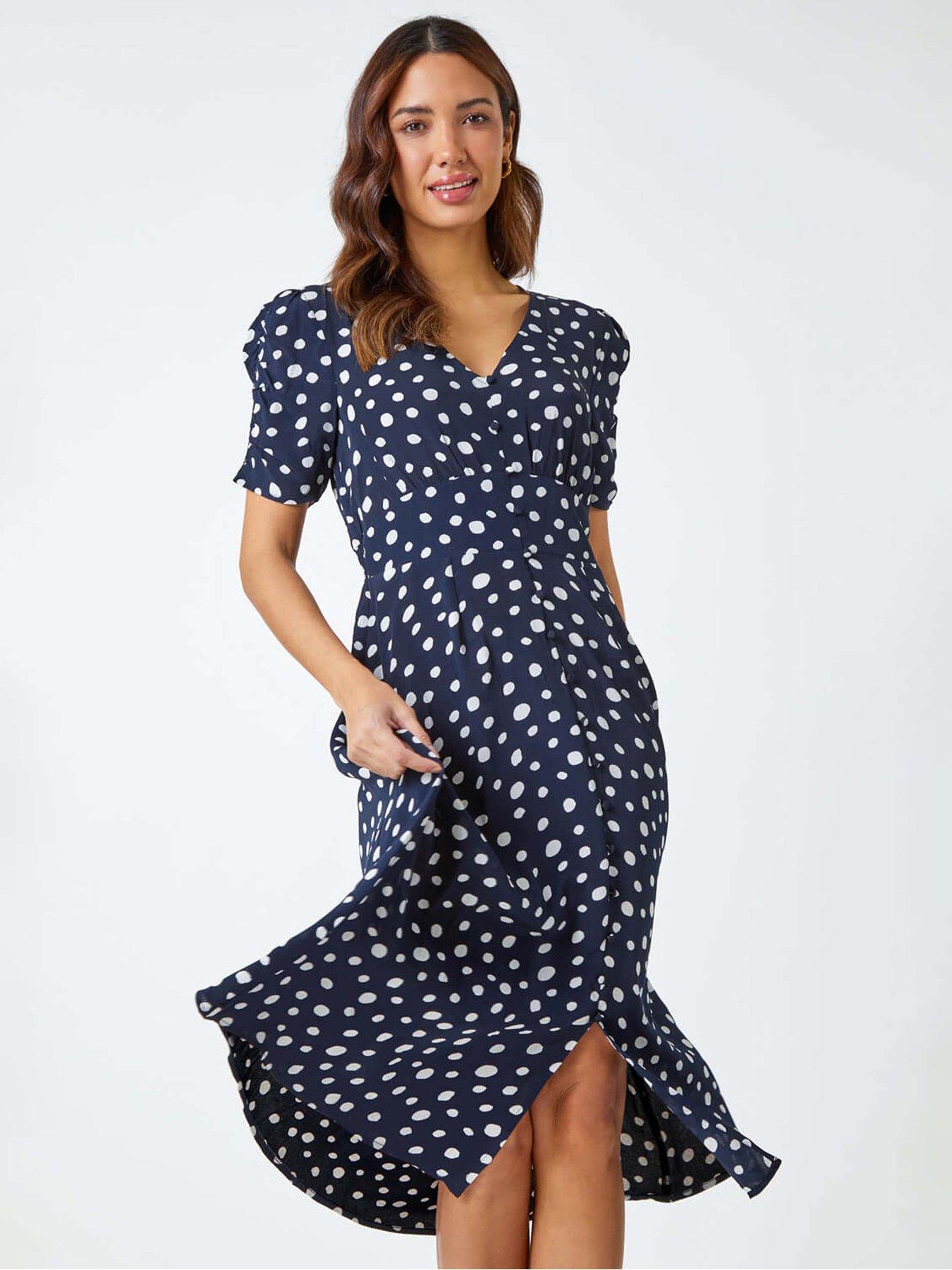  image of roman-polka-dot-ruched-sleeve-midi-dress-navy