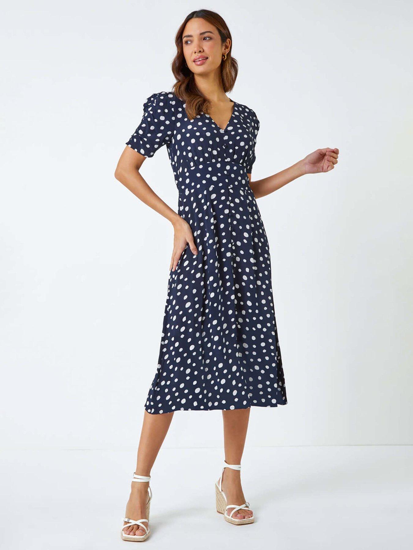  image of roman-polka-dot-ruched-sleeve-midi-dress-navy