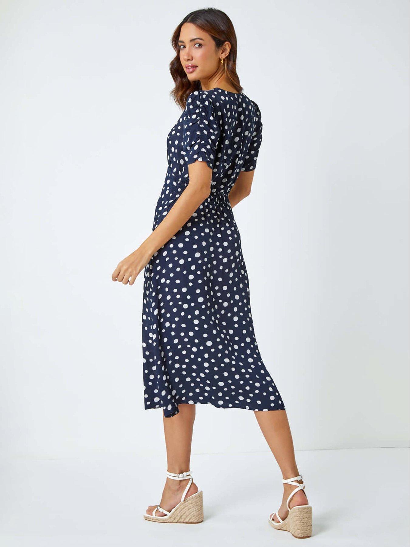  image of roman-polka-dot-ruched-sleeve-midi-dress-navy