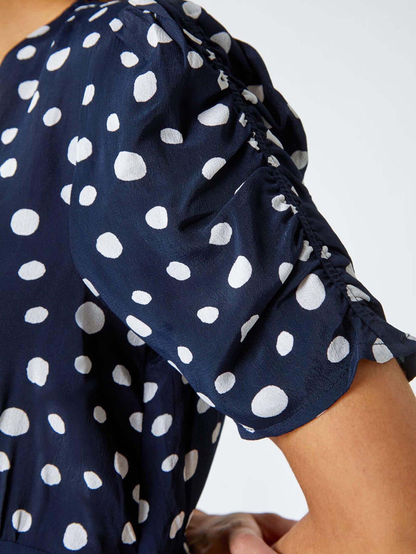  image of roman-polka-dot-ruched-sleeve-midi-dress-navy