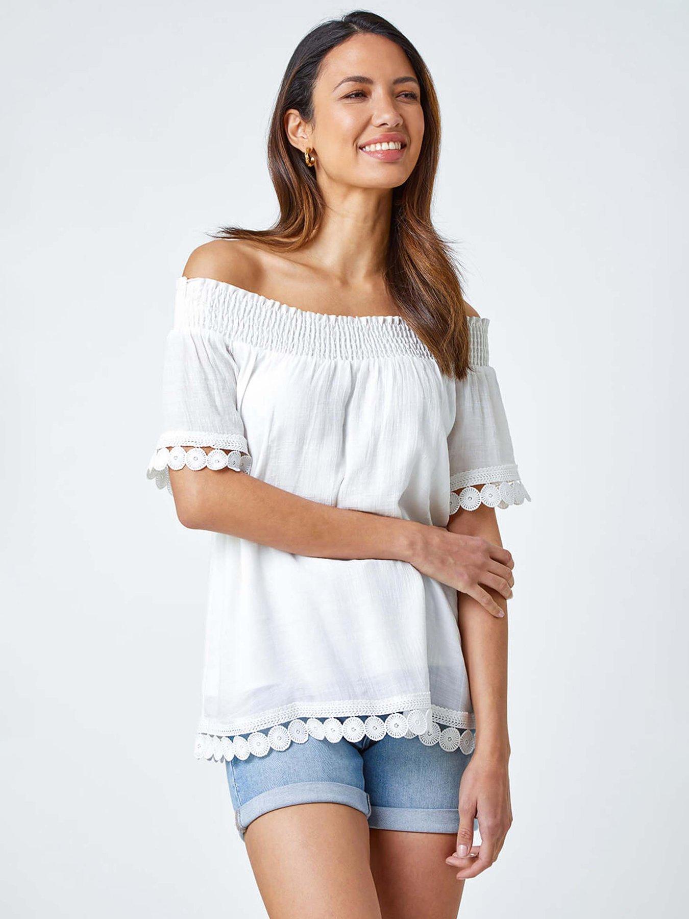 front image of roman-lace-detail-shirred-bardot-top