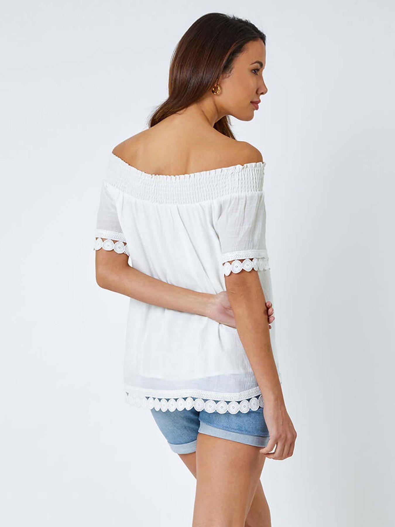 stillFront image of roman-lace-detail-shirred-bardot-top