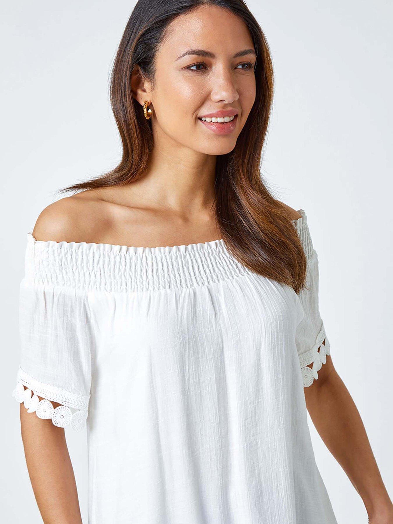  image of roman-lace-detail-shirred-bardot-top