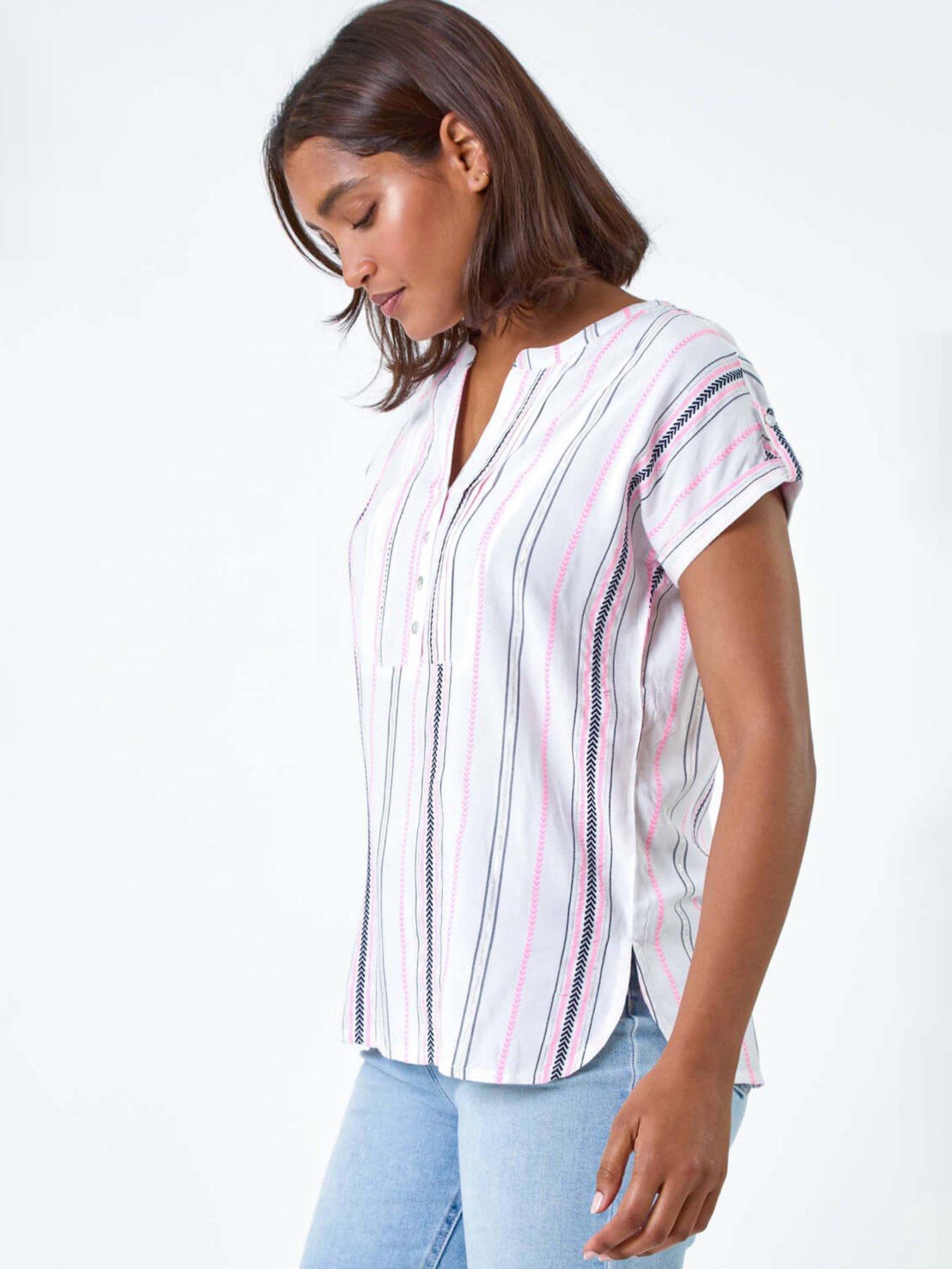  image of roman-stripe-print-button-detail-v-neck-top