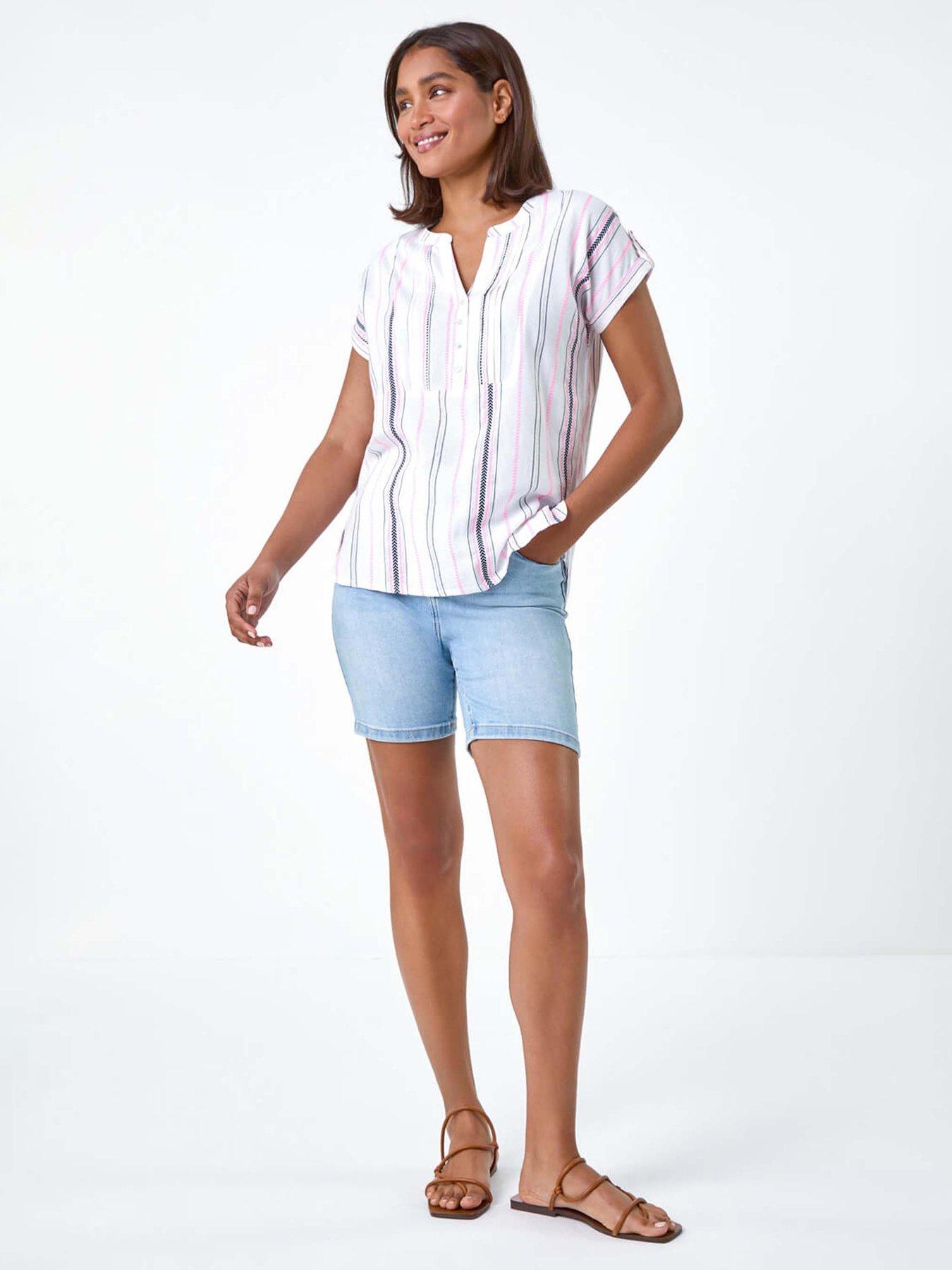  image of roman-stripe-print-button-detail-v-neck-top